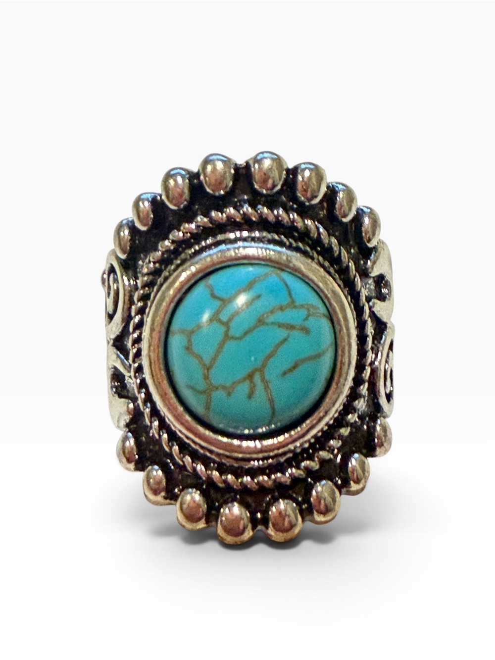 Turquoise Color Stretch Ring Silver Tone Western Boho Southwestern Statement 9 - Picture 7 of 12